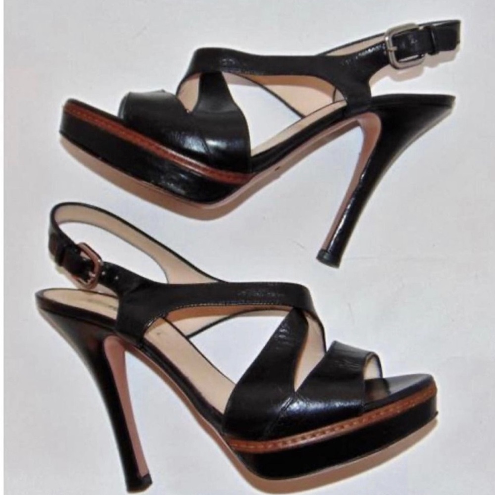 Prada black leather platform slingback heels sandals size 39 1/5